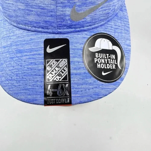 NEW Nike Featherlite Dri-Fit Swoosh Cap Ponytail Holder Stretch Blue Girls 4/6X - Picture 5 of 8